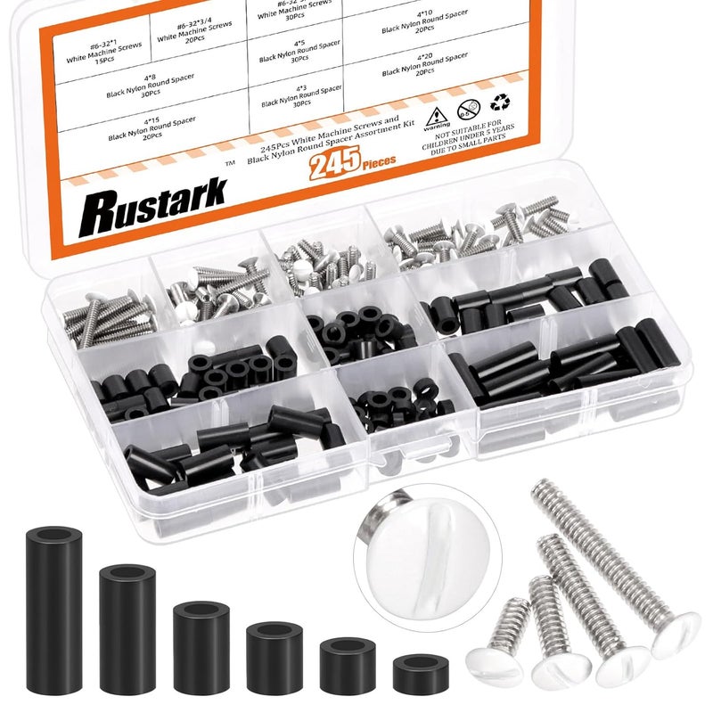 Rustark 245Pcs 6-32 White Wall Plate Screws Assortment Kit with Outlet Screws Spacers White Machine Screws Long Electrical Outlet Screws Light Plate Screws for Industrial Electricity - Image 1